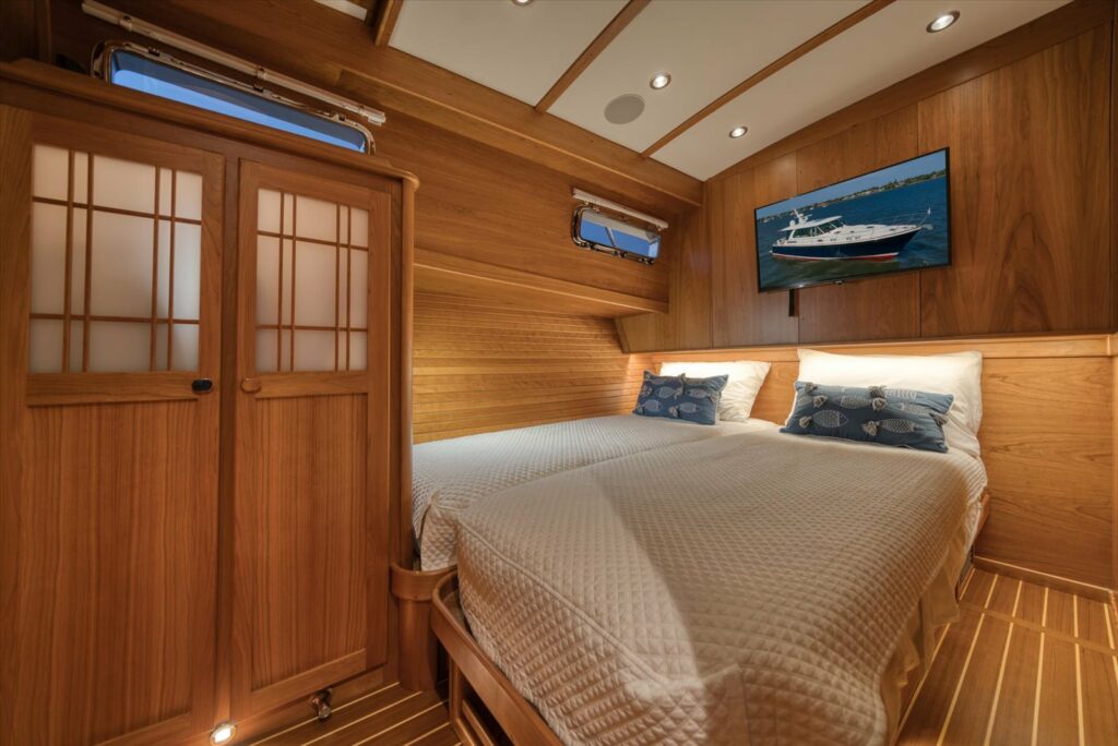 Queen Bed Configuration of 3rd Guest Stateroom of 2023 Sabre 58 Salon Express LUCY BELLE
